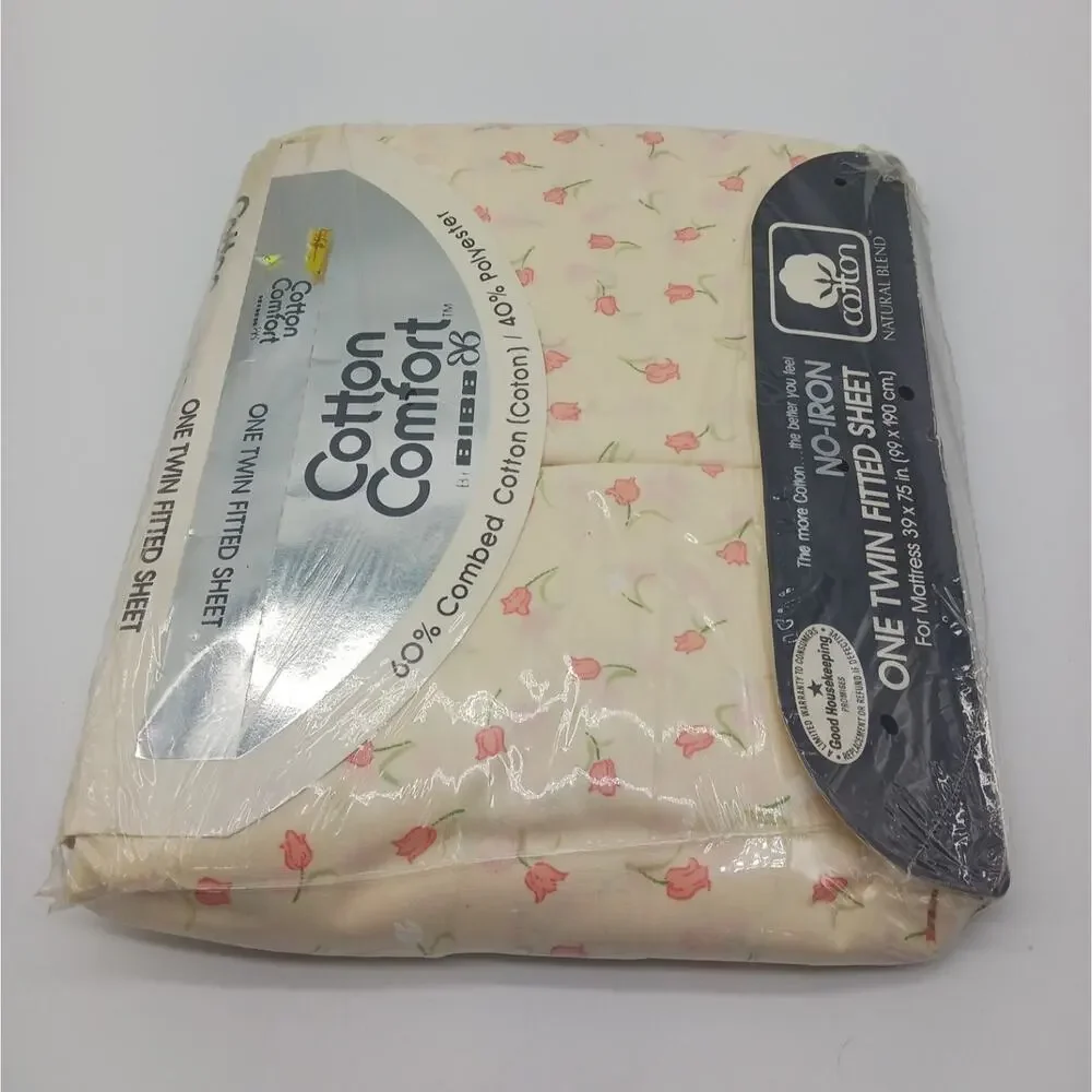 VTG Cotton Comfort by Bibb Twin Fitted Sheet No Iron Floral Tulips Cream Durham